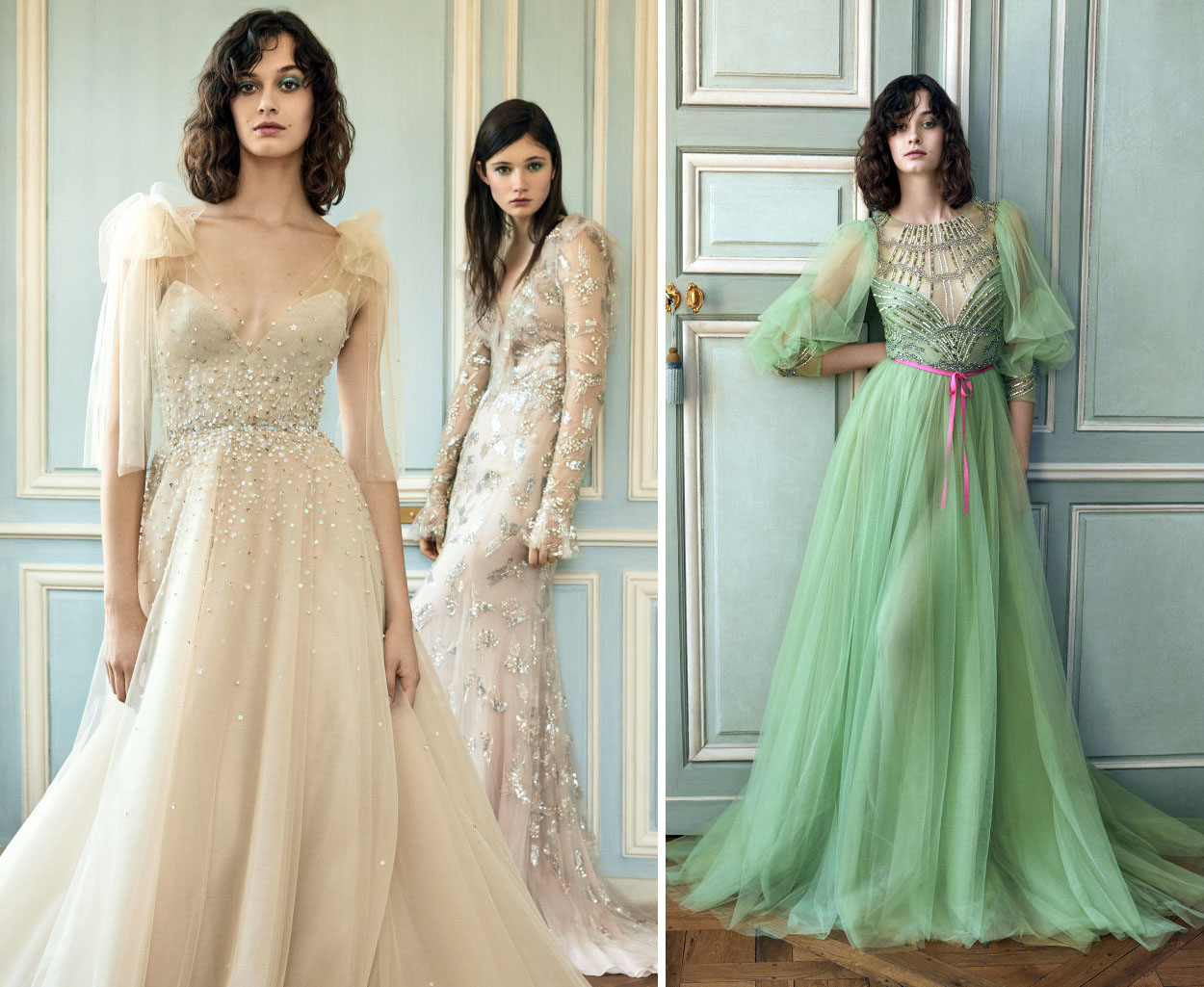 На фото вечерние, свадебные платья Monique Lhuillier RTW Spring 2019