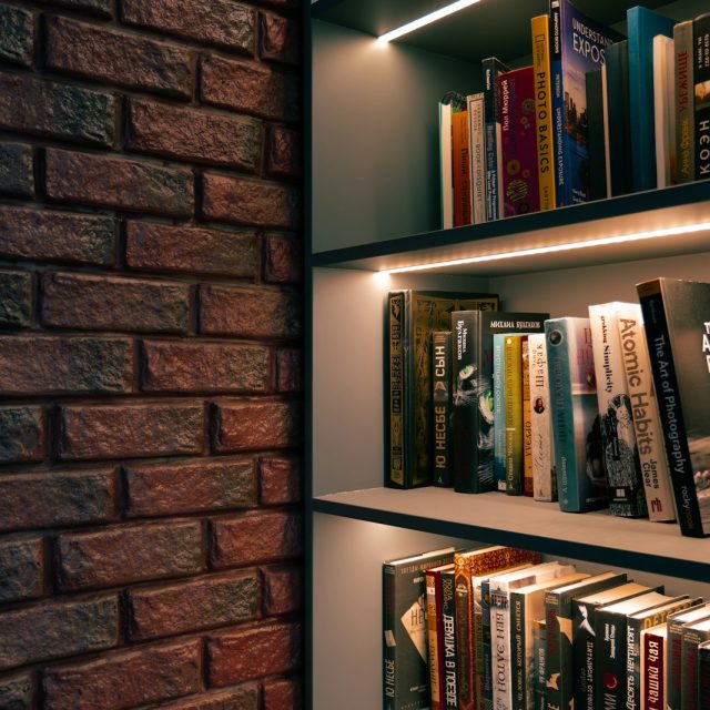 Книжный стеллаж, заполненный книгами, у кирпичной стены